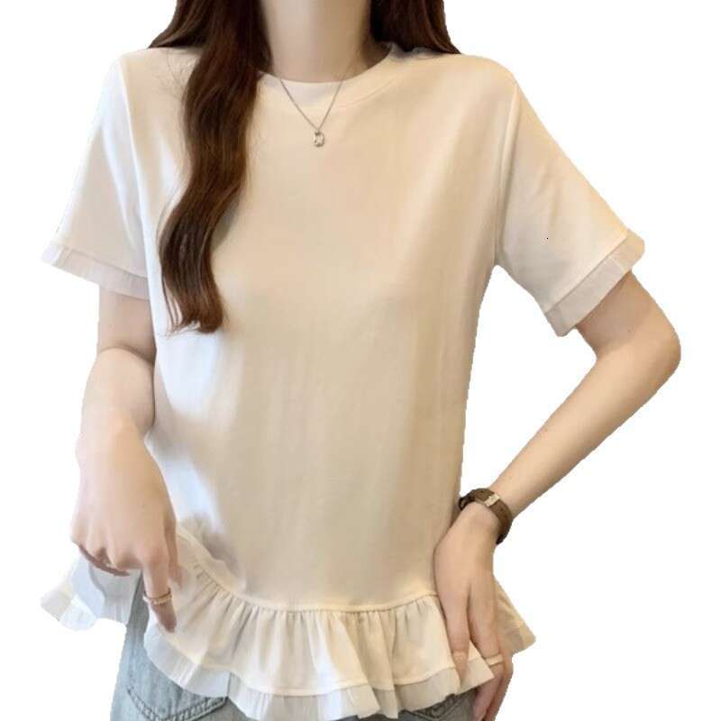 Plus Size Design Sense Right Shoulder Ruffle Short Sleeve T-Shirt For Women Summer Style Age-Reducing Slimming Versatile Niche Top B5