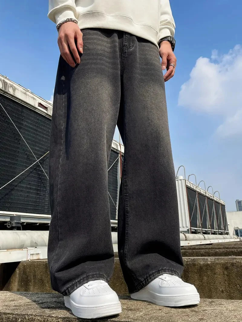 1Pc Mens Daily Travel Casual American Street Loose Jeans Black Light Blue Sea Fashion Style Retro Lantern Denim Pants w250704