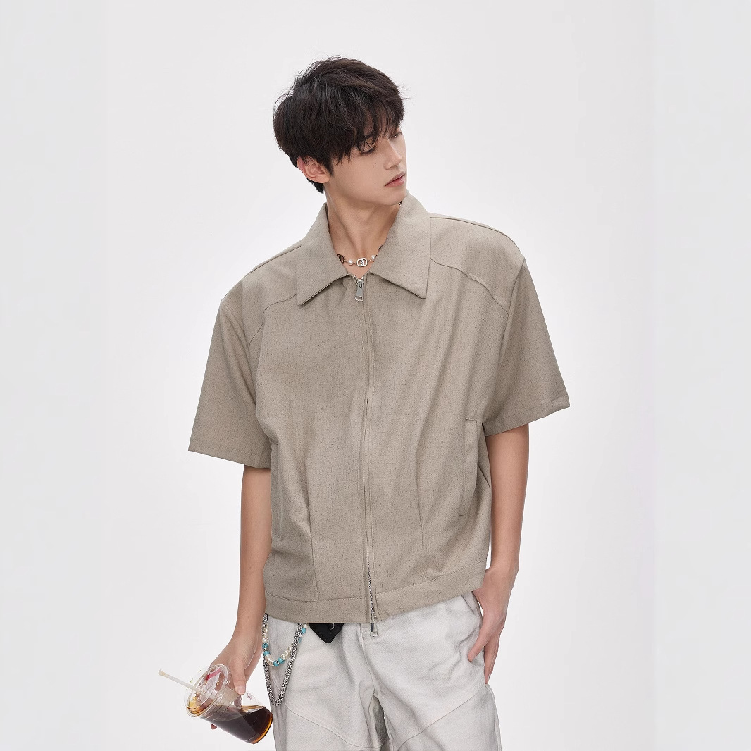 Clenafit Double Zipper Short Sleeve Shirt Jacket Men Summer American Style Trendy Brand Designer Short Sleeves Simple Loose Short Padded Shoulder Shir