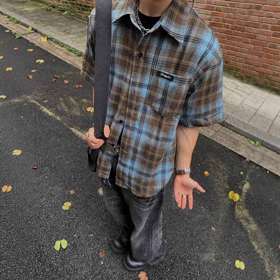 Factory Direct Supply American Retro Plaid Designer Short Sleeves Short Sleeve Shirt For Men Summer Thin Lazy Style Loose Couple Shirt Jacket