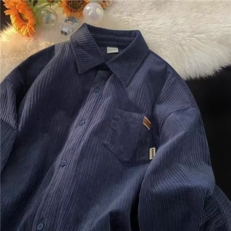 Spring And Autumn Designer Short Sleeves Corduroy Long Sleeve Shirt For Men, Trendy Loose Fit, American Retro Style, High-end Feel, Men's Shirt J
