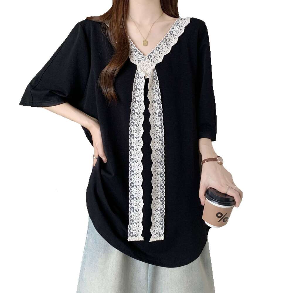 Plus Size French Lace Trim V-Neck Sweatshirt Short Women Summer New Loose Casual Half Sleeve Mid-Length Top B5