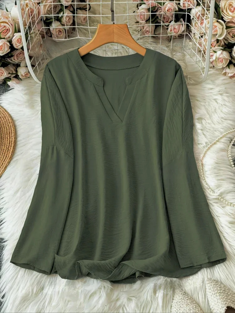 Plus Size Casual Tops Womens Loose Long Sleeve Stand Collar T-shirts Polyester Fashion Female Apparel V-neck Clothing 250703