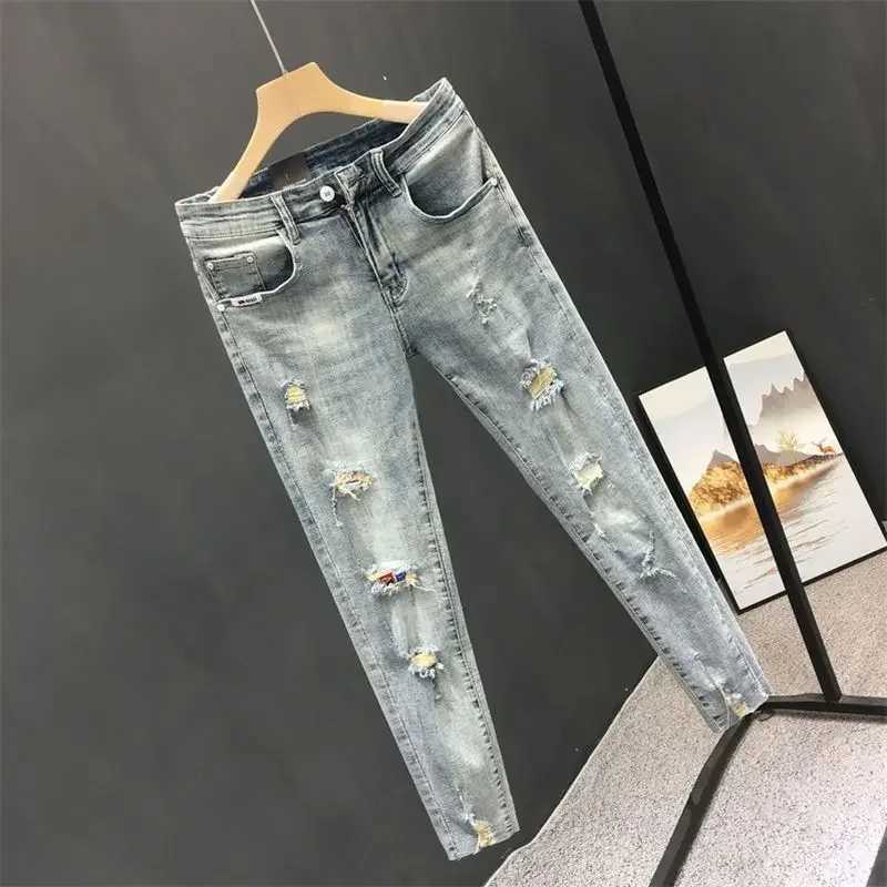 Trendy Korean Style Streetwear Mens Classic Jeans with Holes for Summer Stretchy Distressed Holes Stretch Skinny Pants Male XJ250707