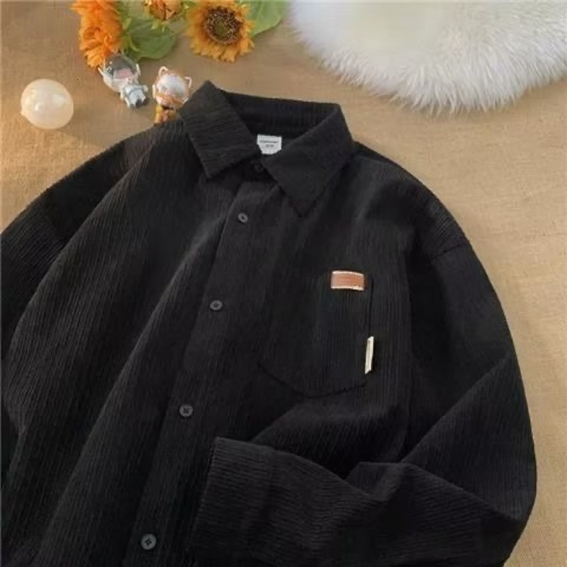 Spring And Autumn Designer Short Sleeves Corduroy Long Sleeve Shirt For Men, Trendy Loose Fit, American Retro Style, High-end Feel, Men's Shirt J