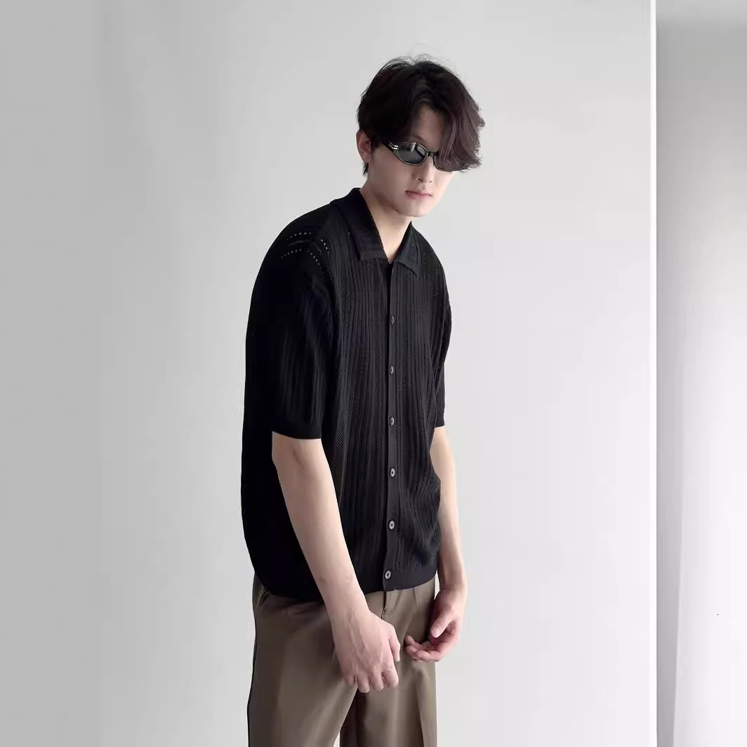Hong Kong Style Retro Hollow Out Turn-down Collar Short Sleeve Men's Knitted Shirt Fashionable Lace Breathable Shirt Cardigan Designer Sleeves T-