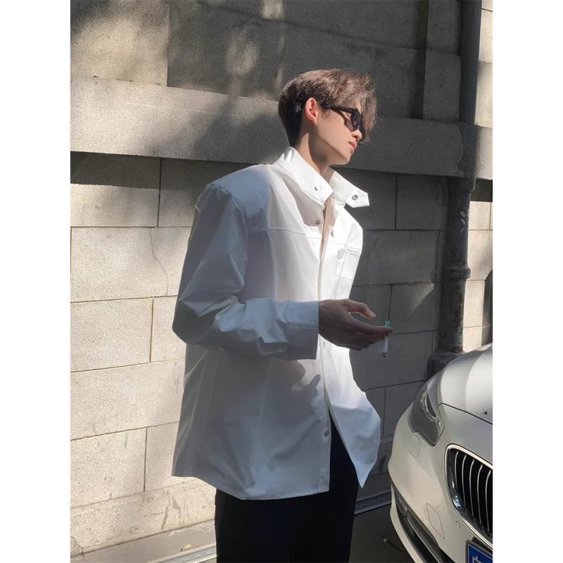 Unique Design Shoulder Pad Shirt For Men, High-end Style, Cool And Handsome, Loose Fit, Stand Designer Short Sleeves Collar, Oversized Casual Long Sle