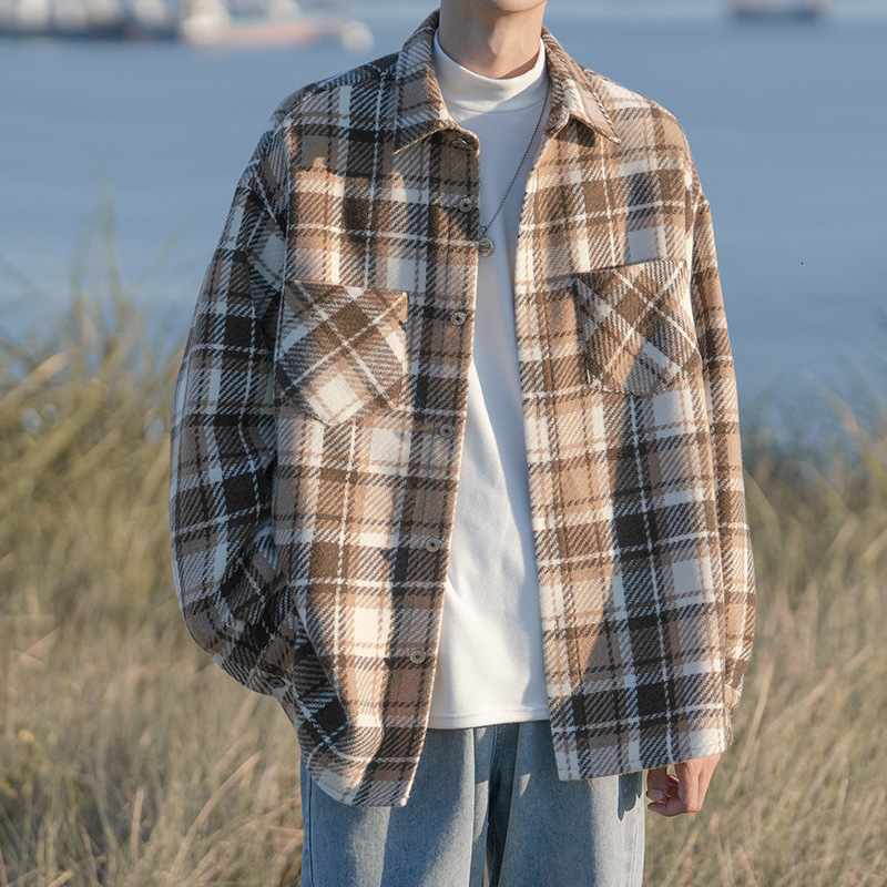 Woolen Plaid Lapel Jacket Men Hong Kong Style City Boy Shirt Jacket Spring Autumn Loose Designer Short Sleeves Versatile Youthful Shirt