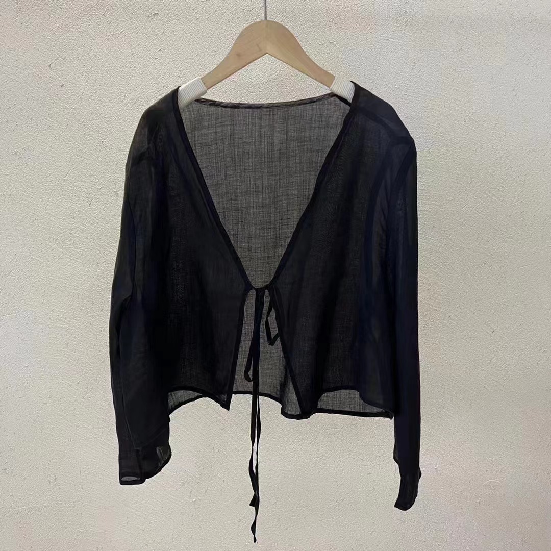 K1261 2025 Summer Korean version of loose slimming simple ramie V-neck lace-up shirt cardigan sunscreen outerwear