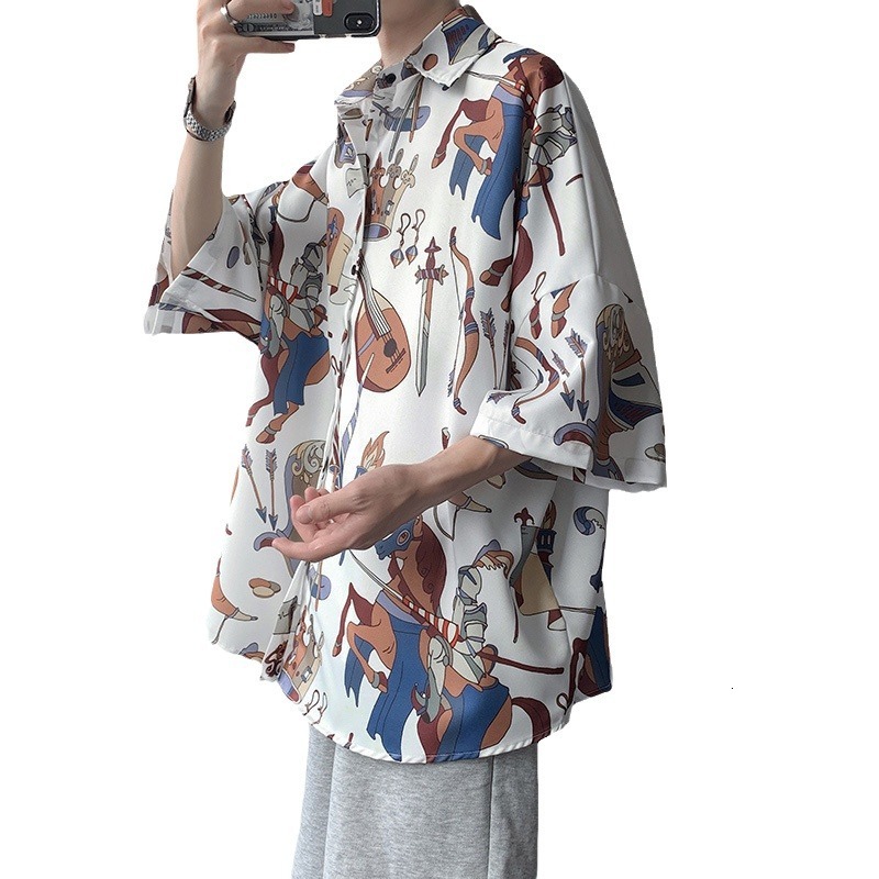 Short Sleeve Shirt Men Hong Kong Style Retro Designer Short Sleeves Print Shirt Summer Thin Draped Cool Casual Half Sleeve Top Jacket Trendy