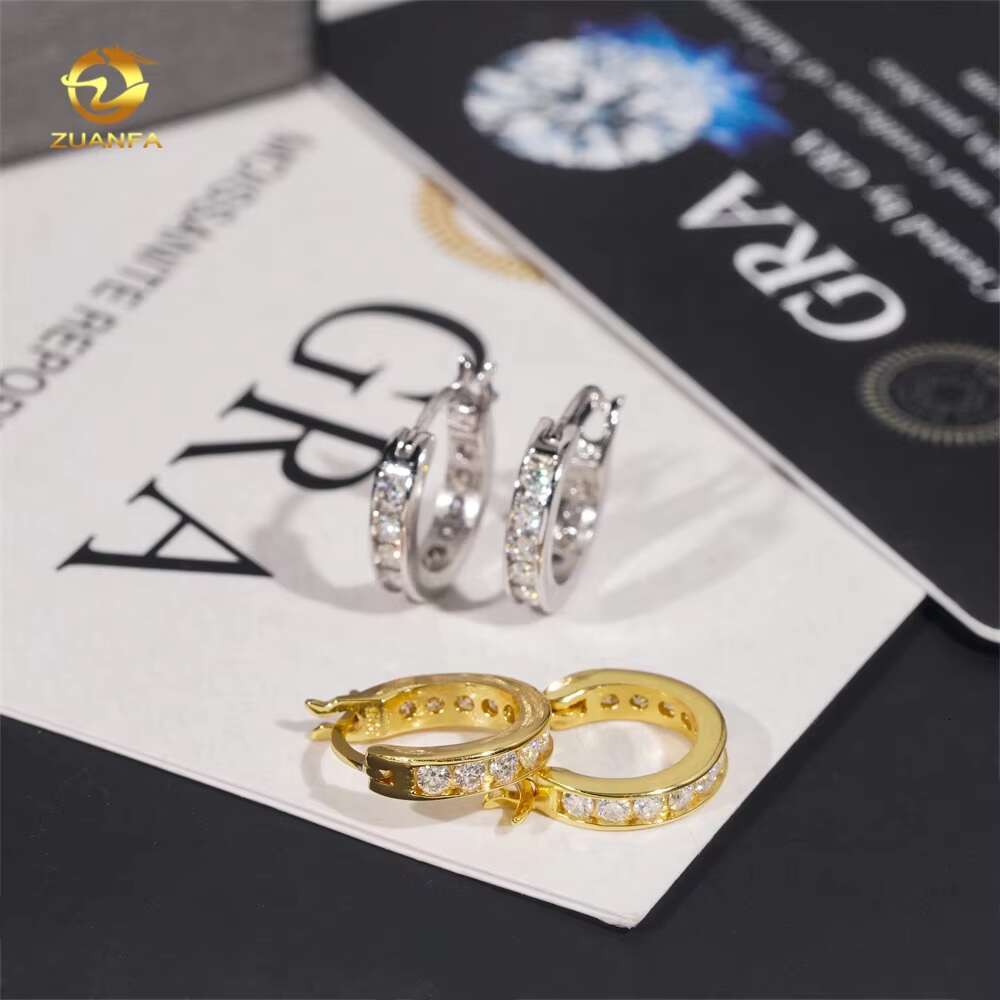 High Quality Low Price 925 Sterling Silver Hip Hop 18k Gold Plated 2mm Moissanite Diamond Hoop Earrings