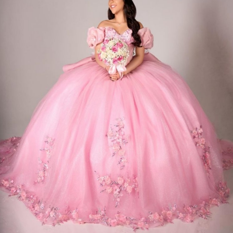 Pink Quinceanera Dresses Ball Gown Off Shoulder Appliques Flower Beads Tull Corset Sweet 16 Dress Birthday Party Vestidos 15 De Anos