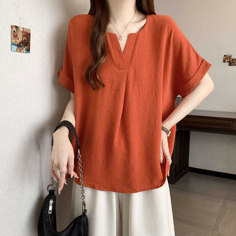 Plus Size Regular Shoulder Orange Red V-Neck Short Sleeve T-Shirt For Women Summer Style Solid Color Casual Simple Slimming Belly-Covering Top B5