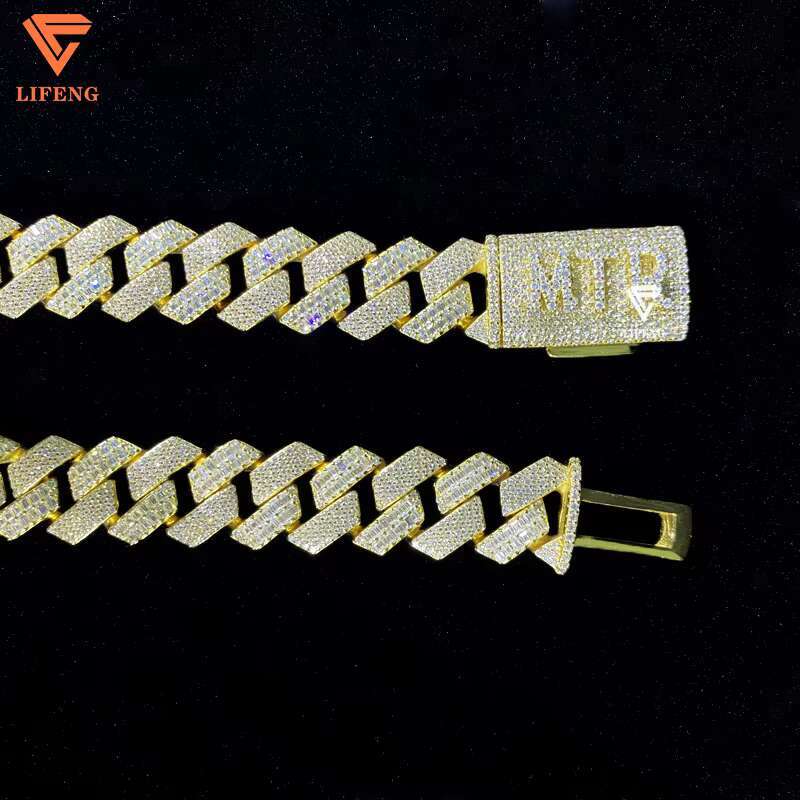 16mm Gold Plated 925 Sterling Silver Round Baguette Cut VVS Moissanite Diamond Cuban Link Chain Custom Hip Hop Fine Necklace