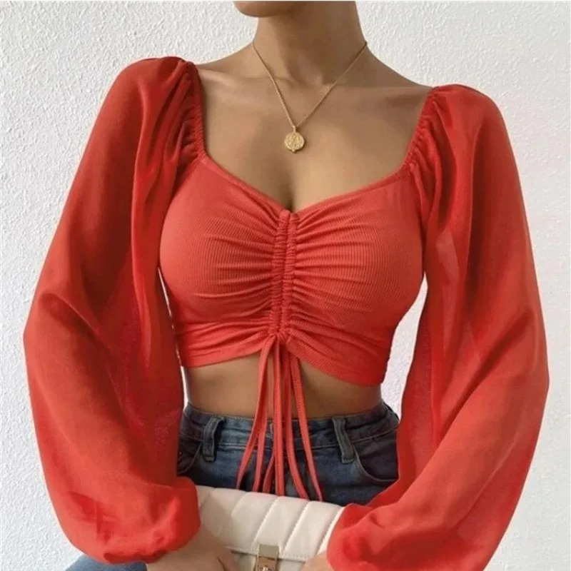 Sexy Women Mesh Lantern Sleeves Drawstring Wrap Chest Bare Midriff T Shirt Women Long Sleeves Bottoming 250703