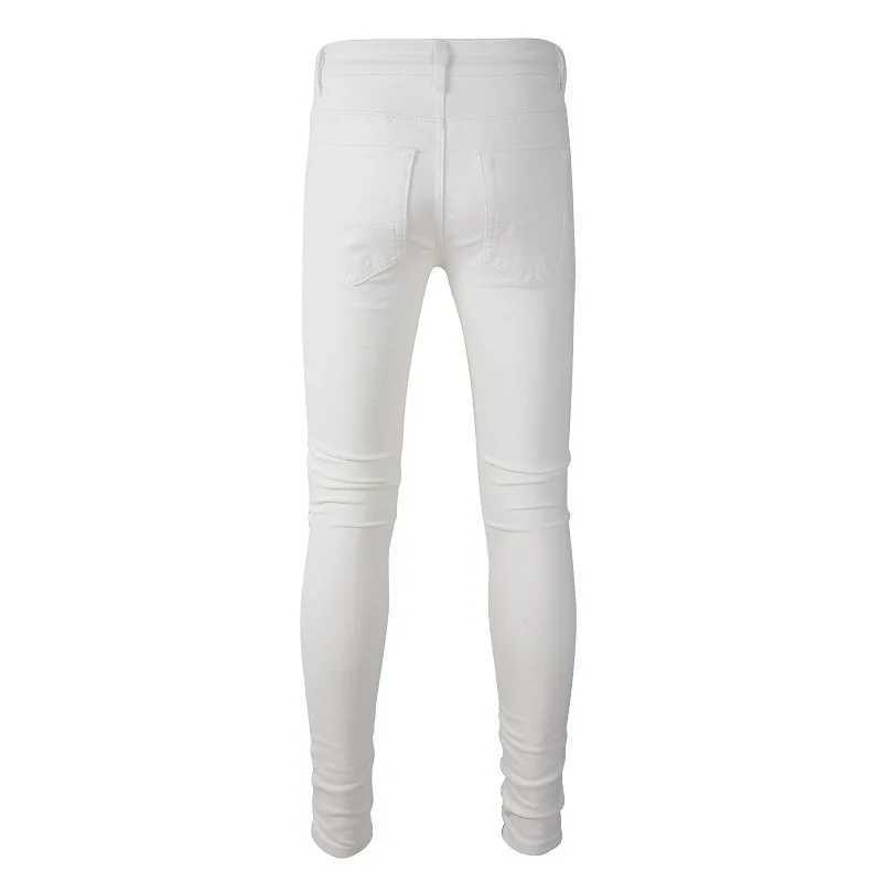 Sokotoo Mens White Stretch Ripped Biker Jeans Slim Skinny Pleated Patchwork Denim Pants XJ250707