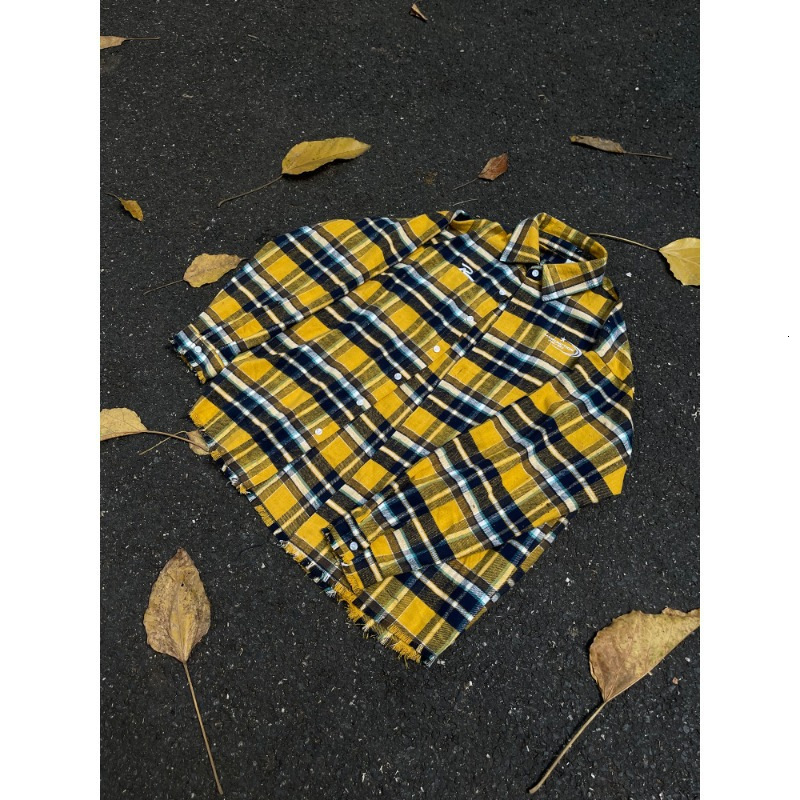 American Retro Distressed Yellow Designer Short Sleeves Plaid Shirt For Men, Spring And Autumn New Loose Trendy Brand Couple Shirt, Long Sleeve Jacket