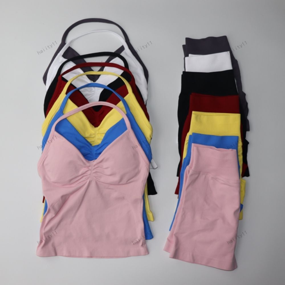 Women 2pcs Impact Yoga Set Vest and Shorts Sports Backless Tank Tops Vest High Waist Scrunch Seamless Shorts Gym Suit Fitness Clothes Activewear Workout Sets