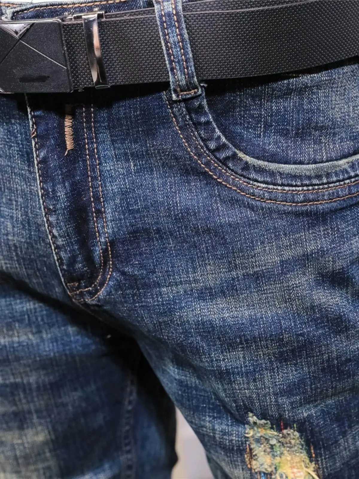 Fashion Korean Style Vintage Patched Ripped Slim Fit Jeans for Men Patches Casual Spring Autumn Denim Pants Designer Clothes Men XJ250707