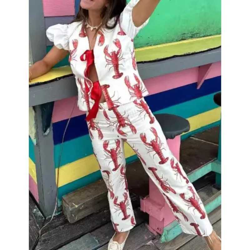 2025 Summer Women Fashion Printed Cartoon Lobster Pants Sets Lace Up Short Puff Sleeve Shirt Straight Trouser Lady Outfit Clothing M250707