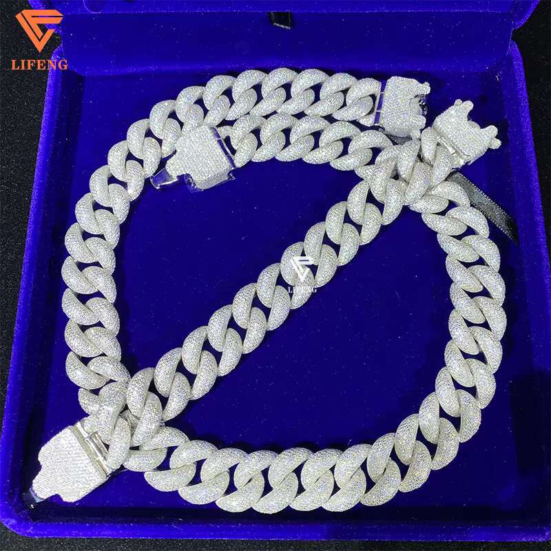 Hiphop Moissanite Chain Ice 20mm 8rows Bubble Cuban Link Chain 925 Silver Cuban Necklace Set Bracelet Rapper Fine Jewelry