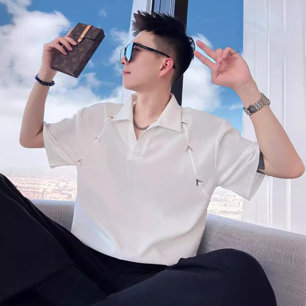 Korean Version Polo S For Men, Designer Short Sleeves Trendy Brand Design, Metallic White V-neck, Regular Shoulder Short Sleeve T-S, Fashionable Ice F