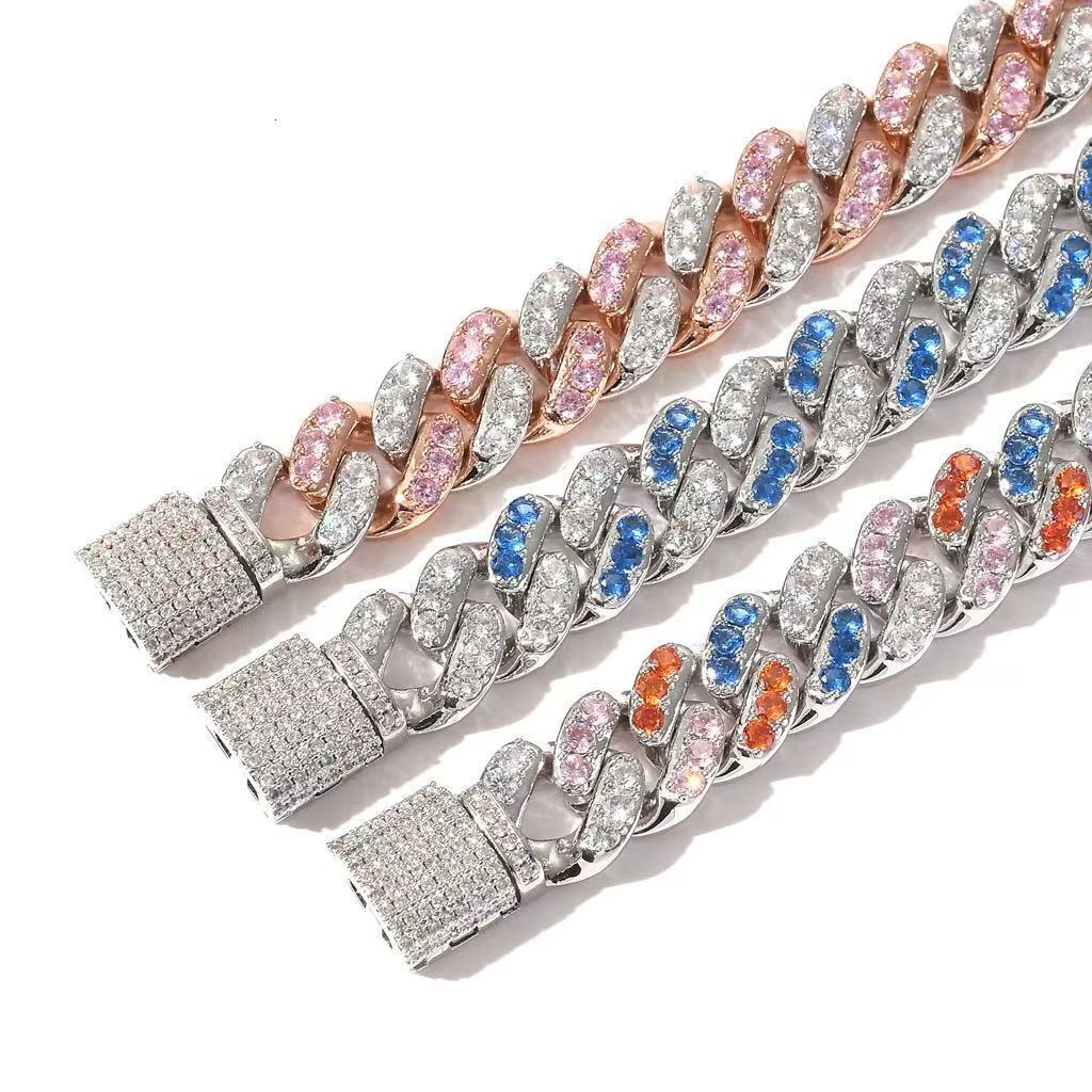 Men Hip Hop Iced Out 12mm Micro Paved Sea Blue White Moissanite High Quality Cuban Link Chain Bling Bling Accessory Pass the diamond tester