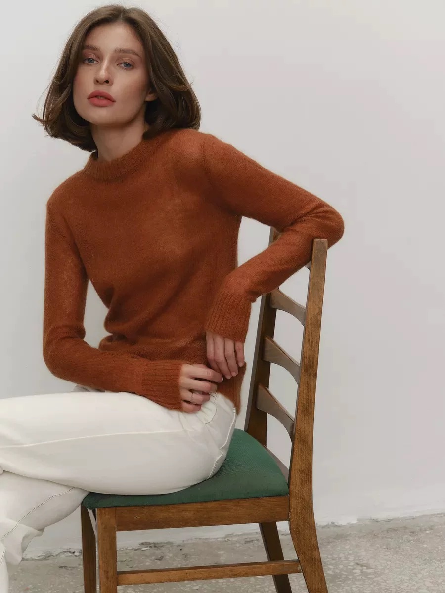 European Style Womens Sheer Mohair Top Soft Hazy Knit Crewneck Pullover