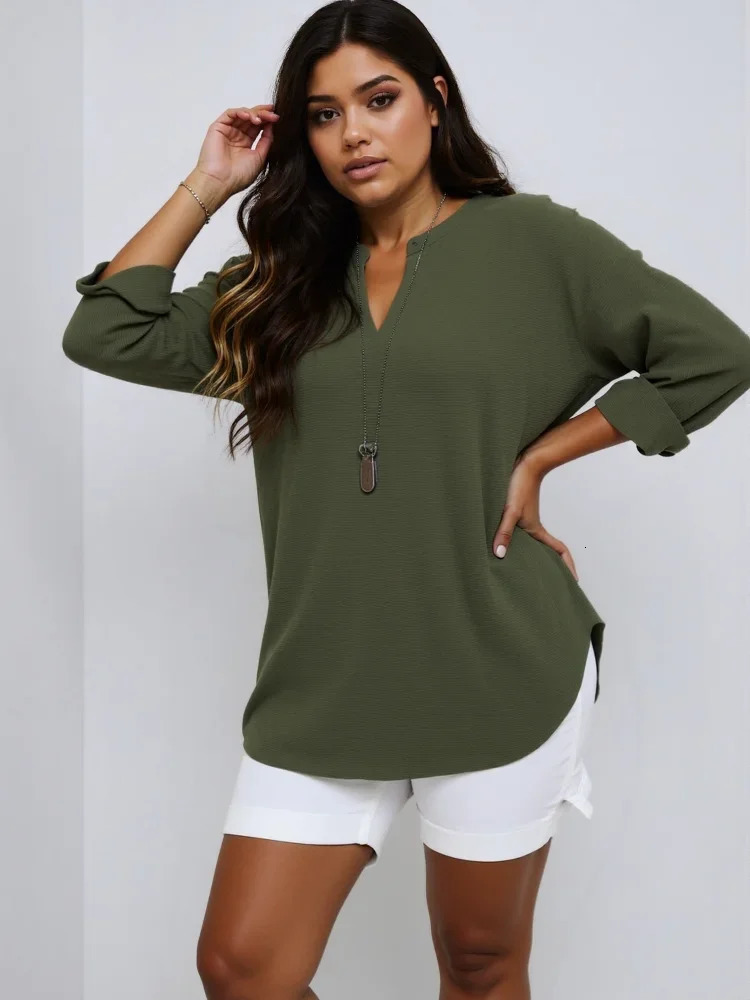 Plus Size Casual Tops Womens Loose Long Sleeve Stand Collar T-shirts Polyester Fashion Female Apparel V-neck Clothing 250703