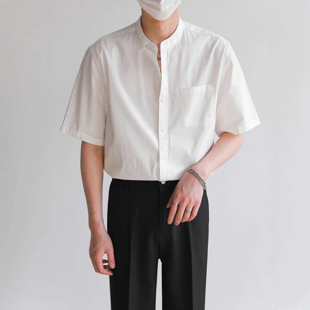 New Chinese Style Designer Short Sleeves Stand Collar Short Sleeve Shirt For Men 2025 Summer Trendy High-end Striped Half Sleeve Shirt
