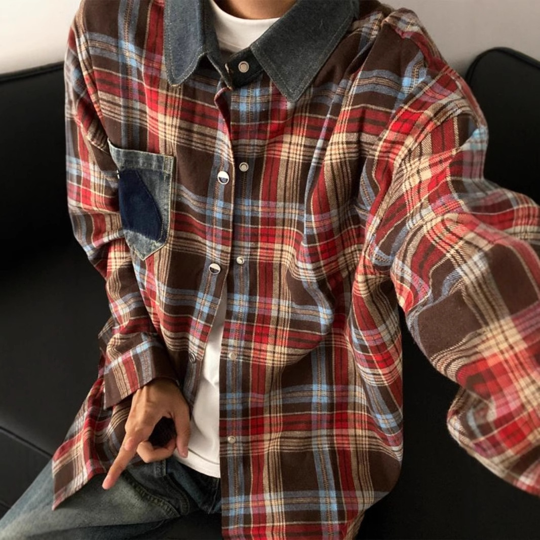 American Retro Long Sleeve Plaid Shirt For Men Spring Designer Short Sleeves And Autumn Trendy Brand Couple Patchwork Denim Collar Yellow Checkered Ja
