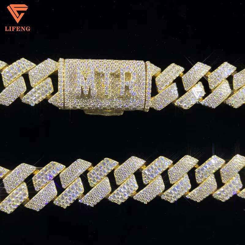 16mm Gold Plated 925 Sterling Silver Round Baguette Cut VVS Moissanite Diamond Cuban Link Chain Custom Hip Hop Fine Necklace