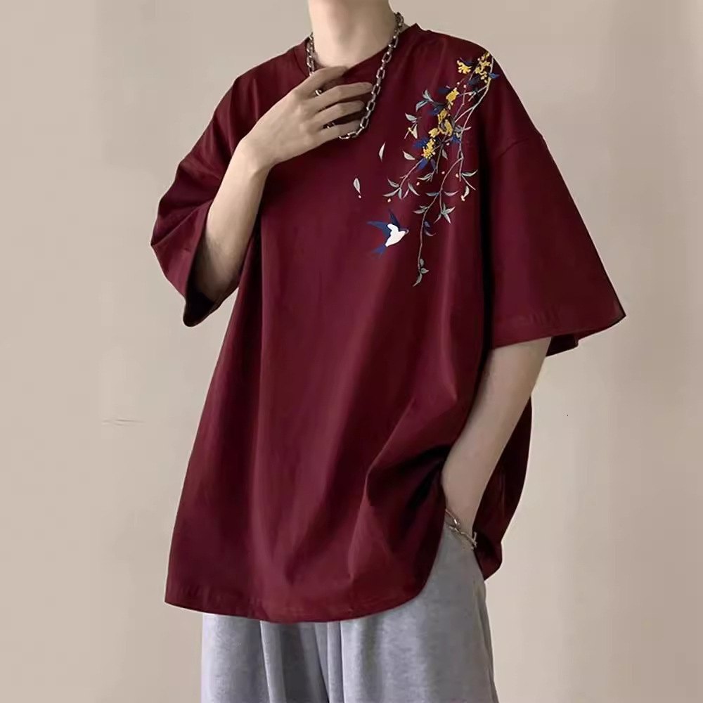 Burgundy New Chinese Style Designer Short Sleeves Short Sleeve Men's T-shirt Chinese Style Heavyweight 200g Summer Trendy Brand Cleanfit Pure Cot