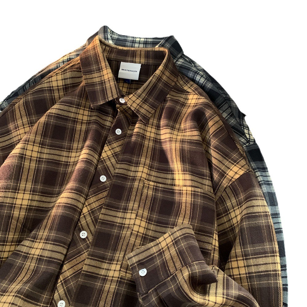 2025 Spring And Autumn Plaid Shirt Men Hong Kong Style Cool High-end Long Sleeve Shirt Designer Short Sleeves Trendy Japanese Style Inner Wear Thin Ja