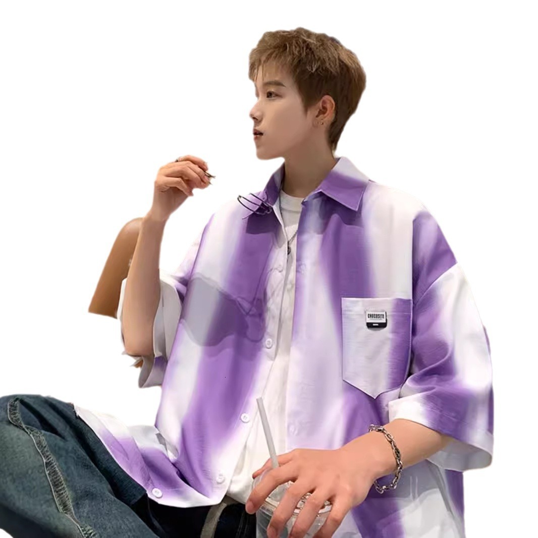 Tie-dye Gradient Short Sleeve Shirt Men 2025 Summer New Simple Design Sense Niche Cool Loose Designer Short Sleeves Half Sleeve Shirt