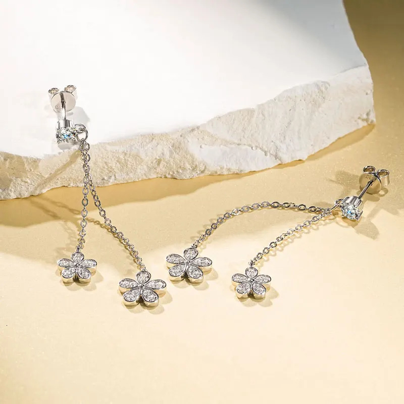 Anziw 4mm D Drop Earrings for Women S925 Silver Chain Star Flowers Pendant Stud Earrings Daily Wear Wedding Jewelry 250701