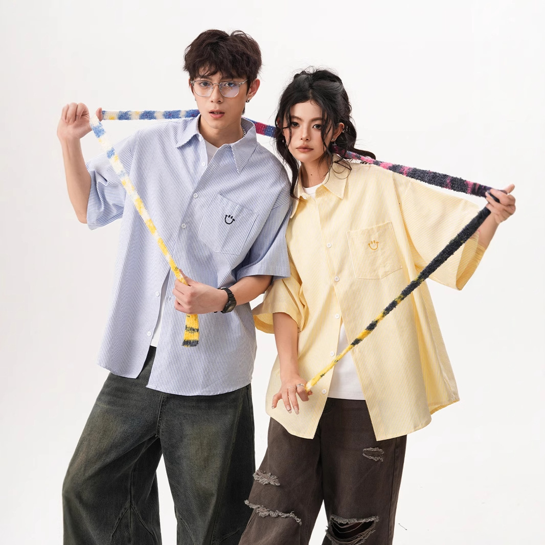 American Style Smiley Face Embroidered Short Sleeve Shirt For Men Designer Short Sleeves And Women, Summer Loose Cuban Collar Striped Half Sleeve Shir