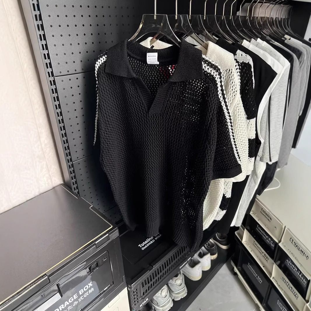 Summer Color-block Hollow Short Sleeve Designer Short Sleeves Polo Shirt For Men American Style Sports Casual Loose Design Turn-down Collar Knitted To