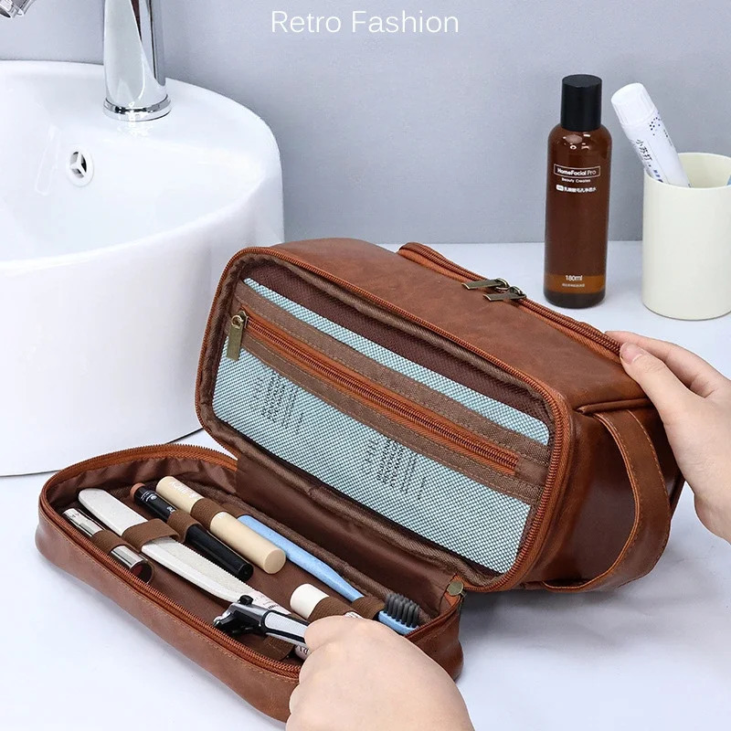 Hanging Makeup Bag Large Capacity PU Leather Wash Bag Double layered Mens cosmetic bag travel essentials organizer 250701