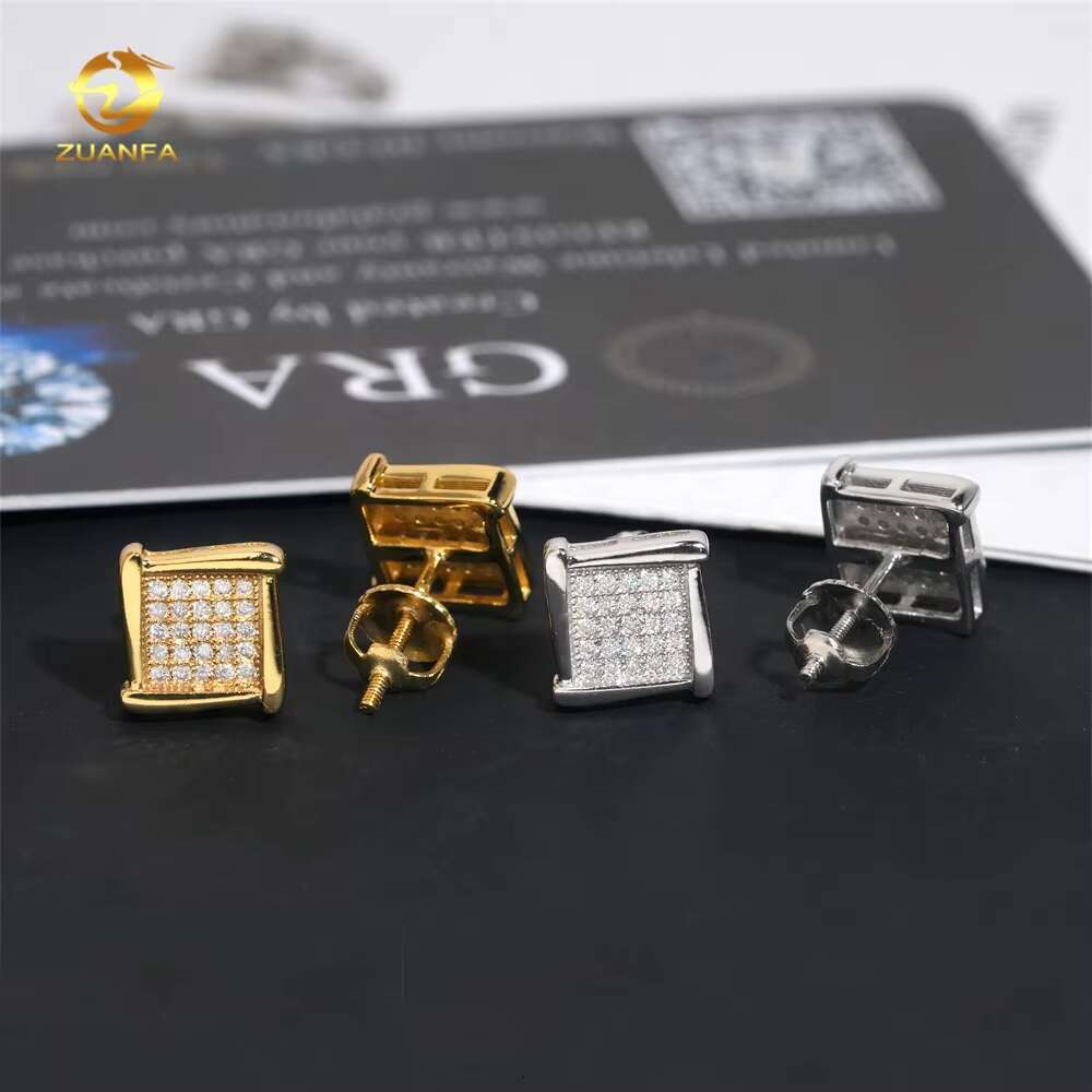 925 Silver Jewelry Square Stud Iced Out Hip Hop Diamond Moissanite Earrings for Men