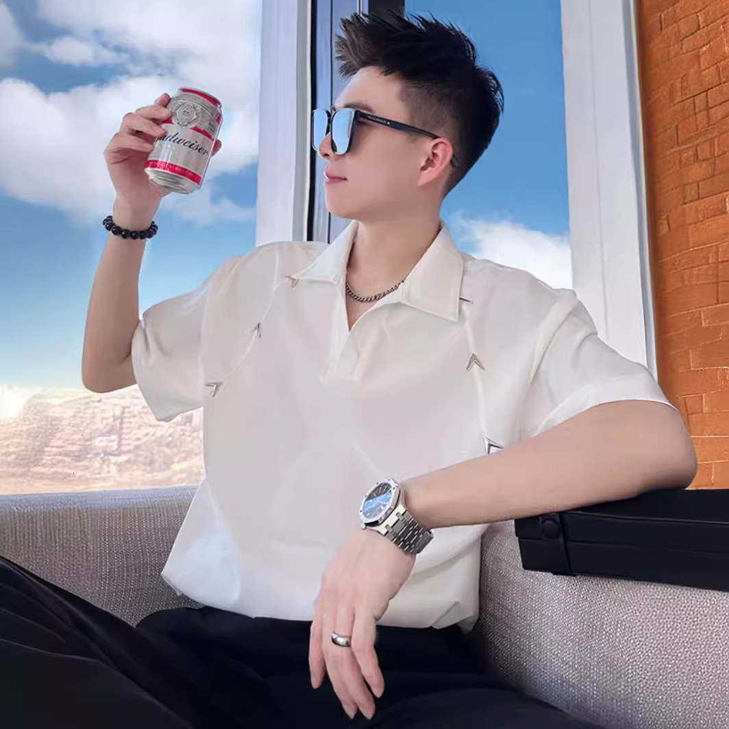 Korean Version Polo S For Men, Designer Short Sleeves Trendy Brand Design, Metallic White V-neck, Regular Shoulder Short Sleeve T-S, Fashionable Ice F
