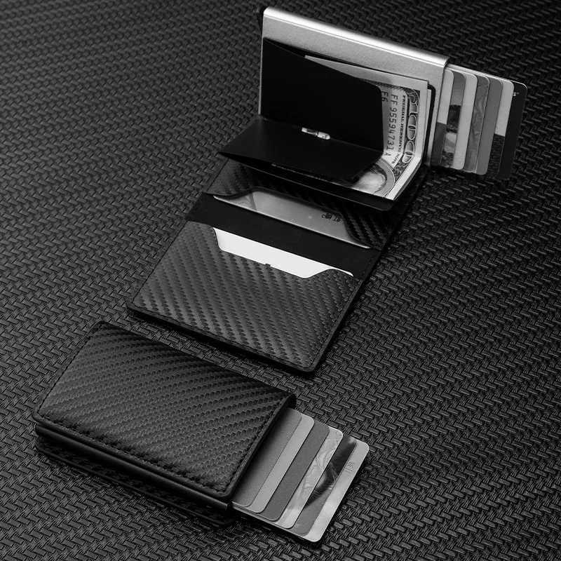 Carbfiber Holder Wallet Men RFID Smart Meral Thin Slim Pop Up Minimalist Wallet Small Black Purse Metal Wallet Y250707