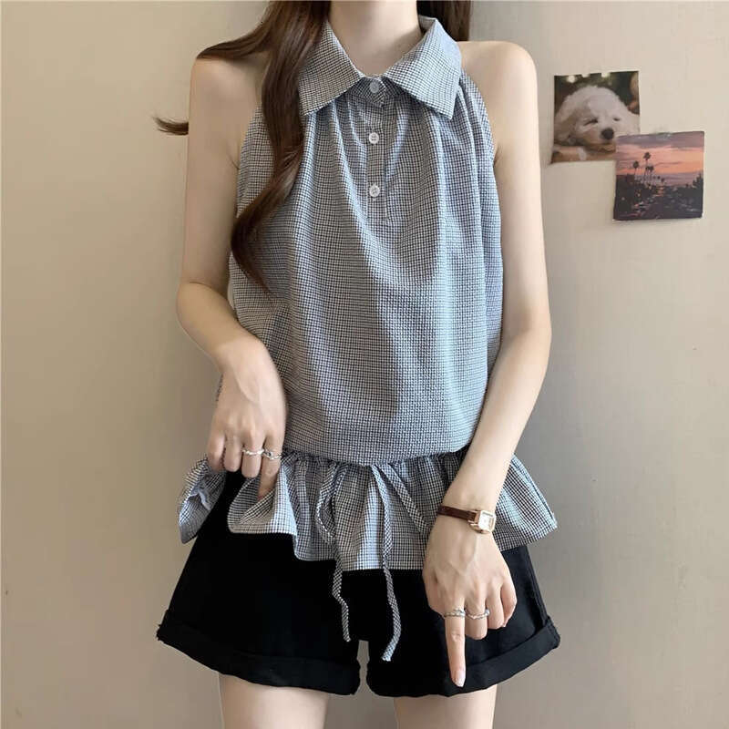 Korean Style Elegant High-End Collared Sleeveless Shirt Summer Design Halter Ruffled Tie Vest Top Trendy B5
