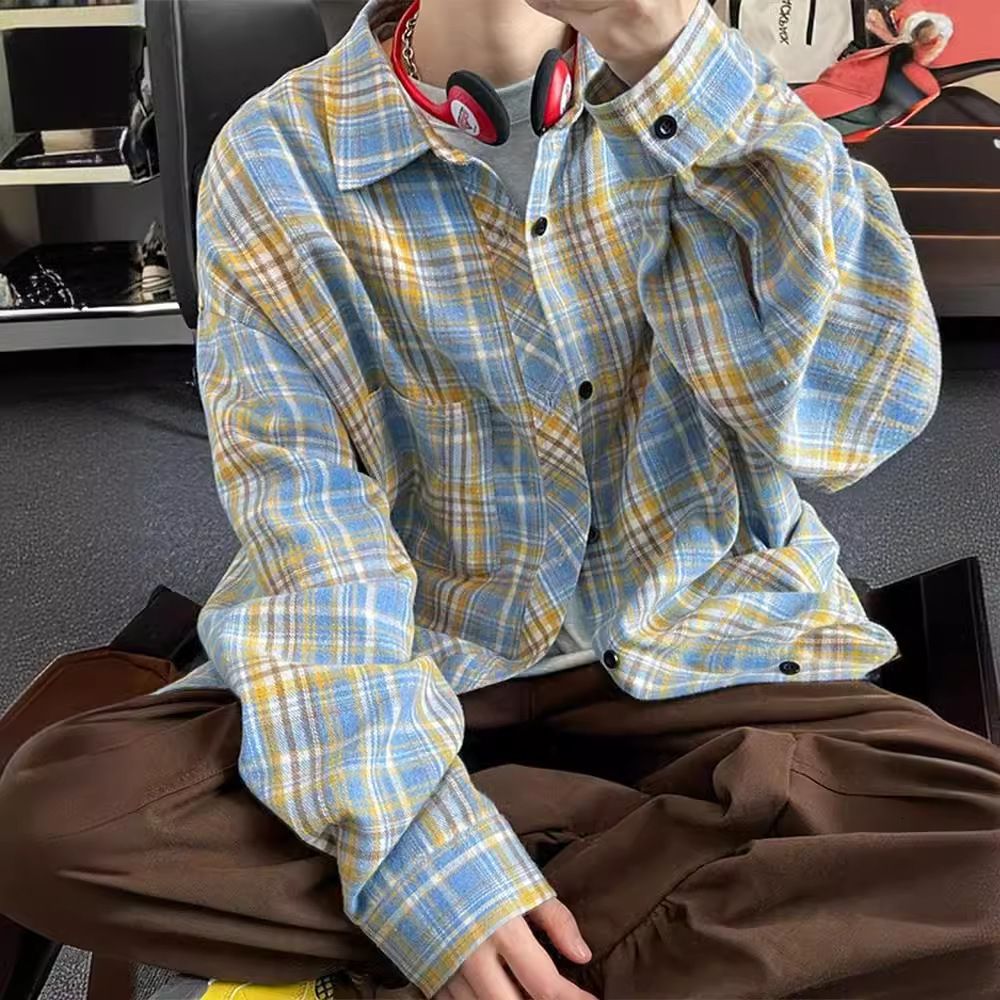 Long Sleeve Shirt Men's 2025 Spring New Korean Style Trendy Japanese Designer Short Sleeves Retro Plaid Plus Size Turn-down Collar Shirt Jacket