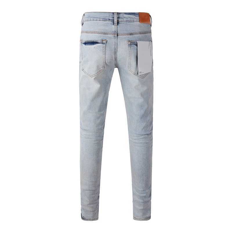 Mens American High Street Fashion Distressed Light Blue Letters Printing Stretch Skinny Button Fly Ripped Jeans XJ250707