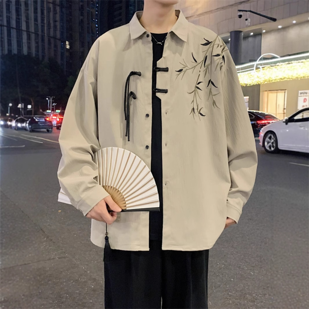 Chinese Style Green Bamboo Embroidery Long Sleeve Shirt For Men Engagement And Marriage Certificate Outfit New Chinese Designer Short Sleeves Style Sp