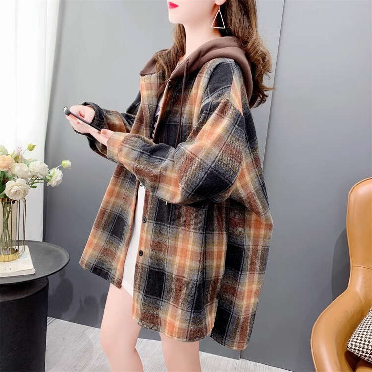 Autumn Winter New Thickened Brushed Plaid Shirt Loose Lazy Style Mid-Length Coat For Women B5