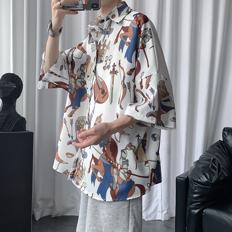 Short Sleeve Shirt Men Hong Kong Style Retro Designer Short Sleeves Print Shirt Summer Thin Draped Cool Casual Half Sleeve Top Jacket Trendy