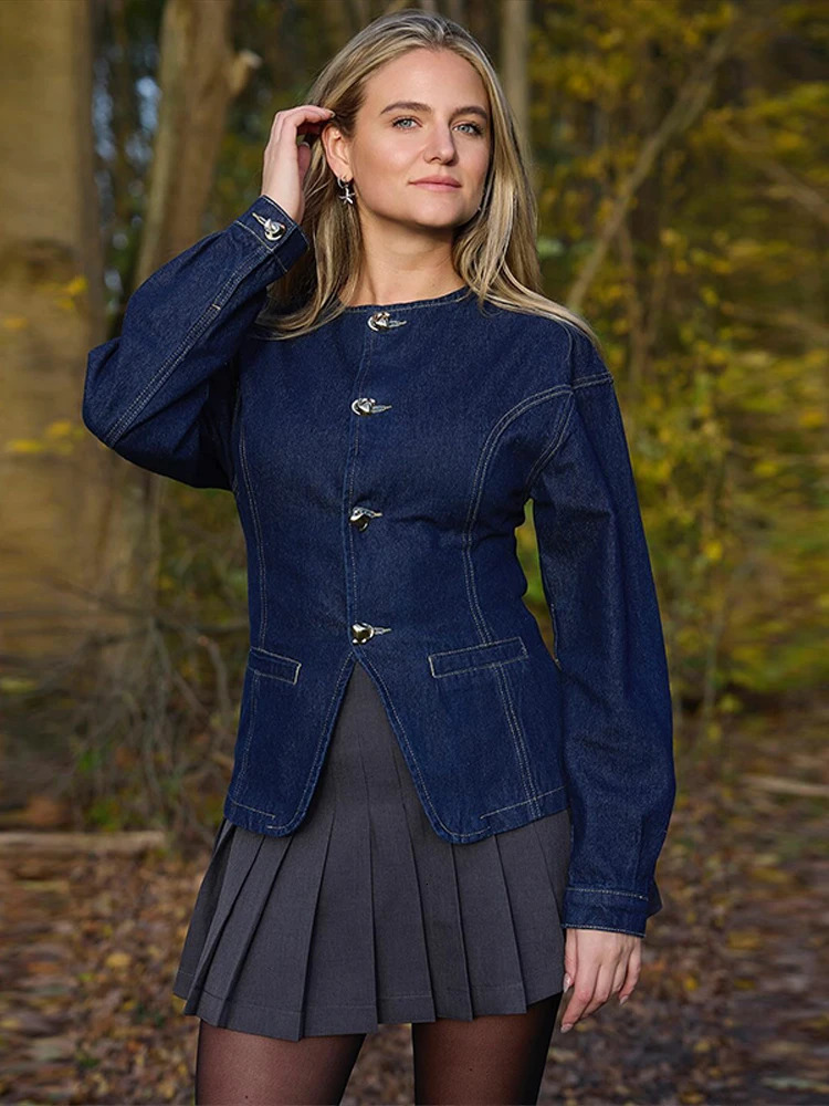 Vintage Denim Jacket Pants Sets Women O-neck Single Breasted Long Sleeve Coat Wide Leg Straight Pant 2025 Lady Jeans Outfits 250703