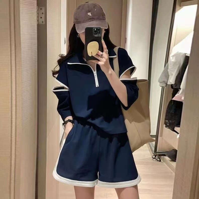 New Fashion Casual Sports Suit For Women With Zipper And Turn-Down Collar Wide-Leg Shorts Two-Piece Set Trendy B5